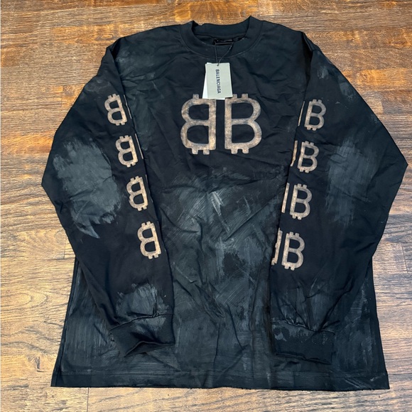 Balenciaga Black Long-Sleeve Logo Tee with Brown Accents
